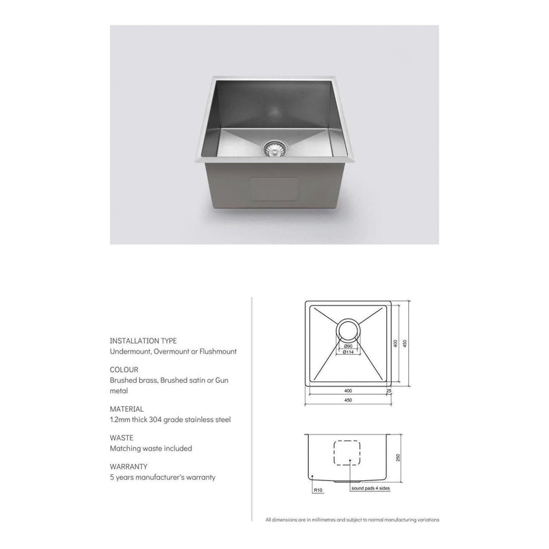 Load image into Gallery viewer, Belgique Single Bowl Sink Basin 450 x 450 x 250 - Stainless Steel Gun Metal