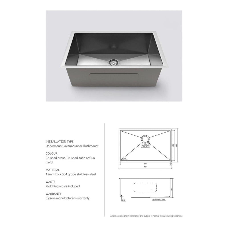 Load image into Gallery viewer, Belgique Single Bowl Sink Basin 700 x 440 x 250 - Stainless Steel - Gun Metal