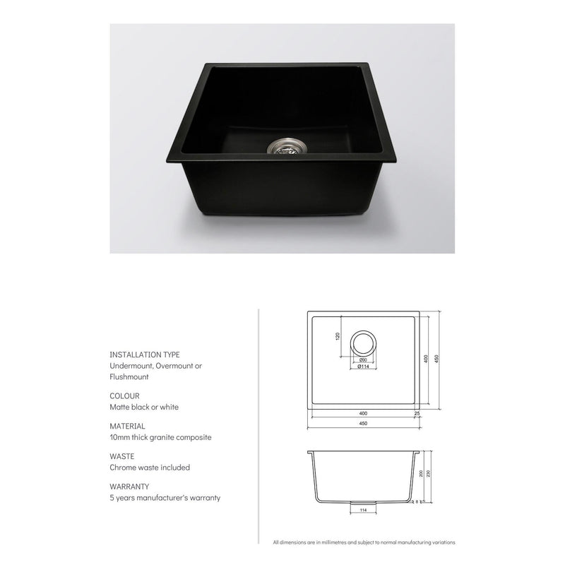 Load image into Gallery viewer, Grange Single Bowl Sink Basin Granite Composite 450 x 450 x 230 - Matte Black