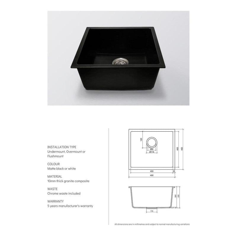 Load image into Gallery viewer, Grange Single Bowl Sink Basin Granite Composite 450 x 450 x 230 - Matte Black
