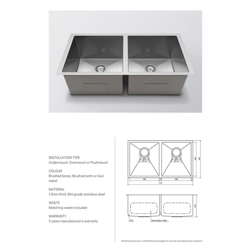 Load image into Gallery viewer, Henley Double Bowl Sink Basin 770 x 440 x 250 - Stainless Steel Brushed Satin