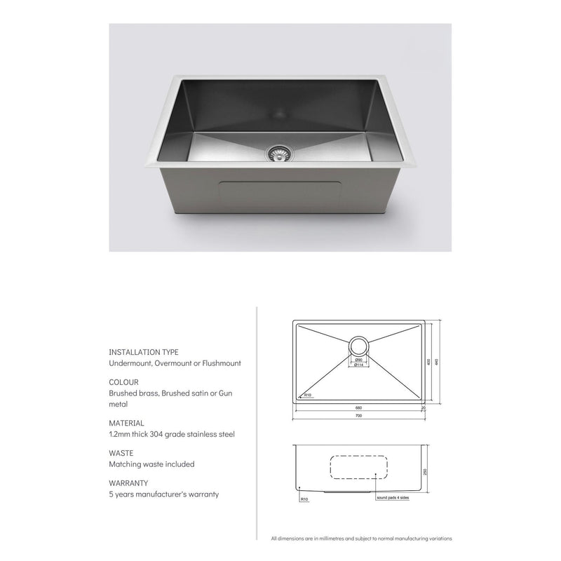 Load image into Gallery viewer, Henley Single Bowl Sink Basin 700 x 440 x 250 - Stainless Steel Brushed Brass