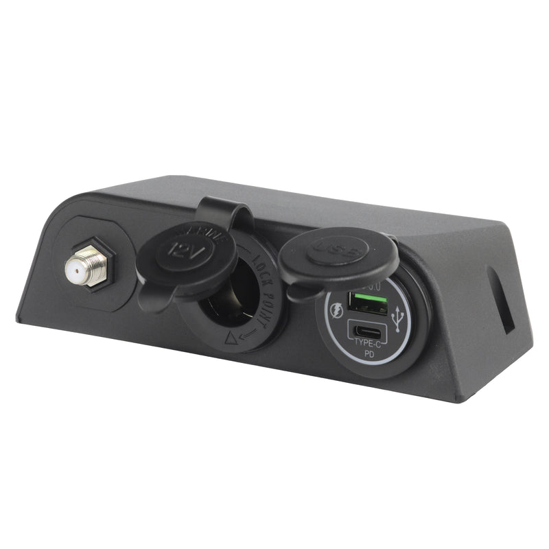 Load image into Gallery viewer, Iluma 12v Surface Mount 3 Way Accessory Socket Dual USB/C & TV Antenna Port F Type Black