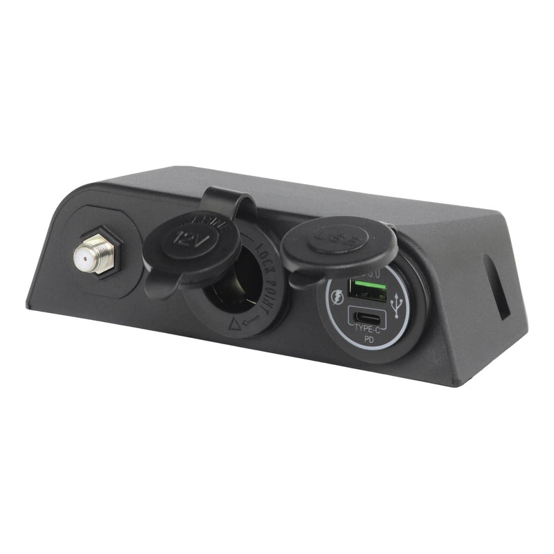 Load image into Gallery viewer, Iluma 12v Surface Mount 3 Way Accessory Socket Dual USB/C & TV Antenna Port F Type Black