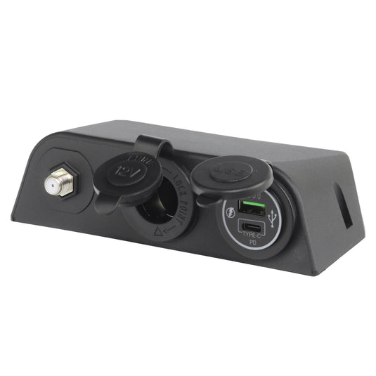 Iluma 12v Surface Mount 3 Way Accessory Socket Dual USB/C & TV Antenna Port F Type Black