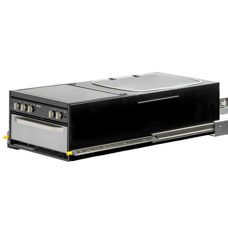 Load image into Gallery viewer, Kong Slide Out Kitchen 1200 x 500mm inc Thetford K1540 Mini Grill / MK3 Argent Sink - Black