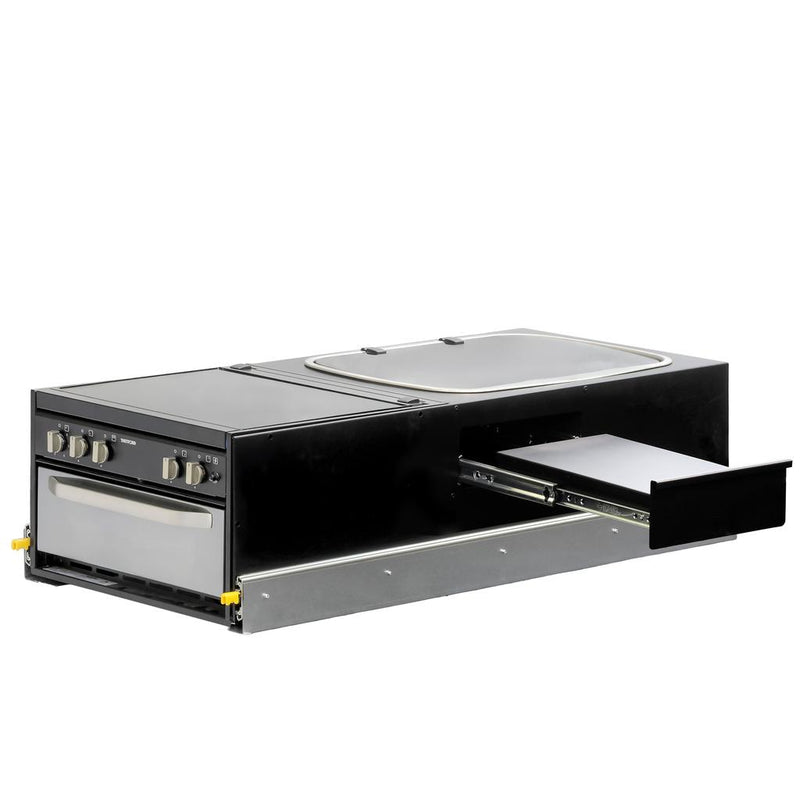 Load image into Gallery viewer, Kong Slide Out Kitchen 1200 x 500mm inc Thetford K1540 Mini Grill / MK3 Argent Sink - Black