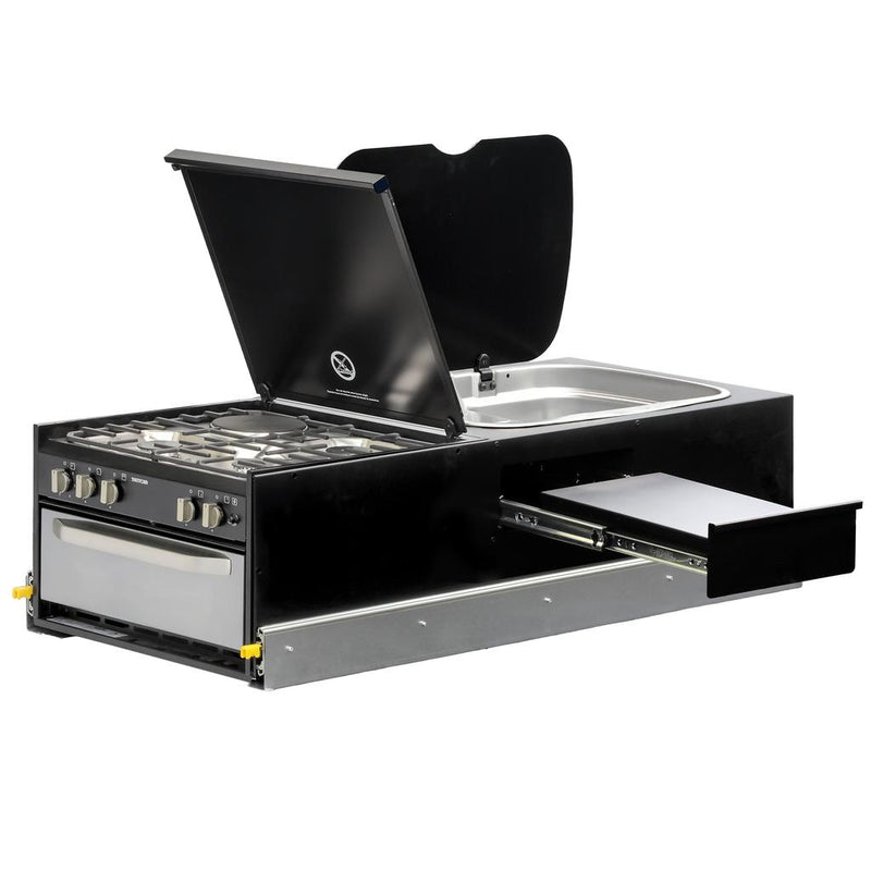 Load image into Gallery viewer, Kong Slide Out Kitchen 1200 x 500mm inc Thetford K1540 Mini Grill / MK3 Argent Sink - Black