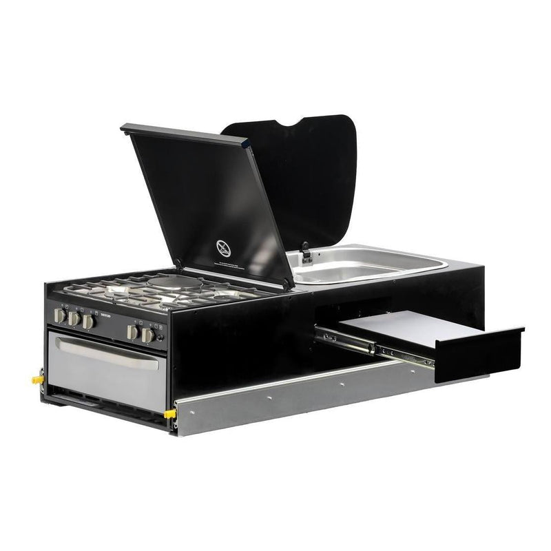 Load image into Gallery viewer, Kong Slide Out Kitchen 1200 x 500mm inc Thetford K1540 Mini Grill / MK3 Argent Sink - Black