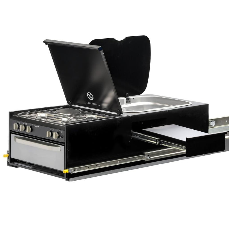 Load image into Gallery viewer, Kong Slide Out Kitchen 1200 x 500mm inc Thetford K1540 Mini Grill / MK3 Argent Sink - Black