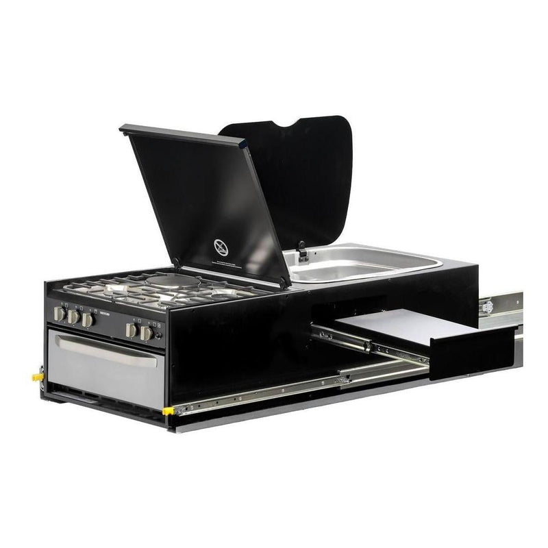 Load image into Gallery viewer, Kong Slide Out Kitchen 1200 x 500mm inc Thetford K1540 Mini Grill / MK3 Argent Sink - Black