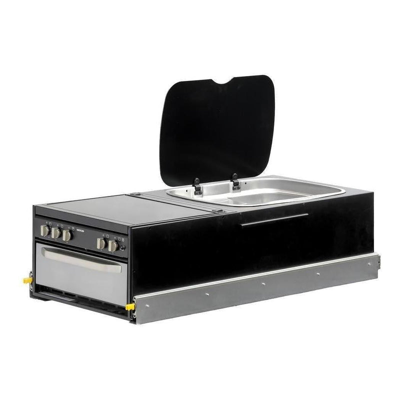 Load image into Gallery viewer, Kong Slide Out Kitchen 1200 x 522 x 310mm inc Thetford K1540 Mini Grill / MK3 Argent Sink - Black