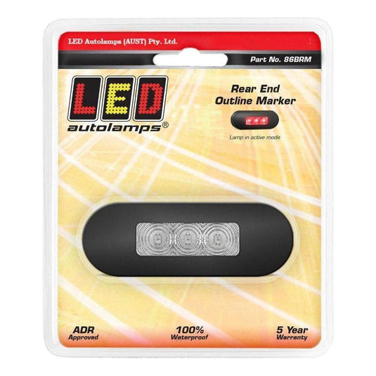 LED Autolamp 12V/24V Red Rear Marker Clear Lense & Black Bezel 86x31x10mm Blister