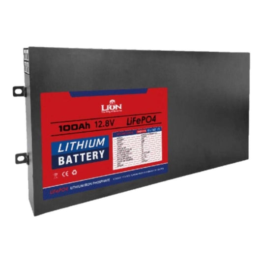 Lion 110AH Lithium Deep Cycle Battery Slim Steel Case 600x62x275mm 14.5Kg