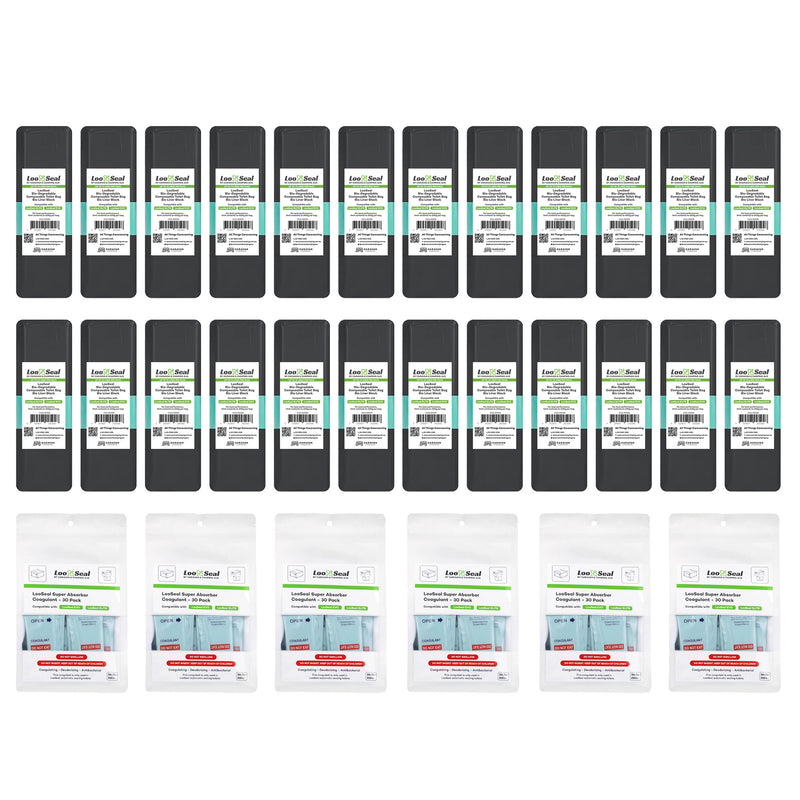 Load image into Gallery viewer, LooSeal Biodegradable Liner & Coagulant 6 Month Pack (24 Rolls & 6 Absorbers) Black
