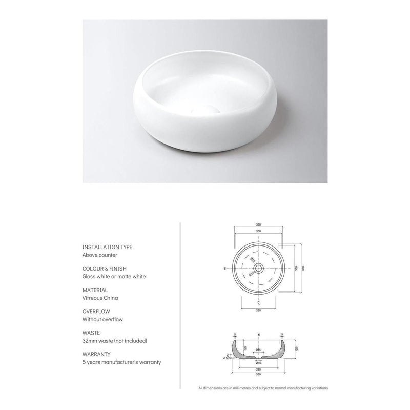 Load image into Gallery viewer, Luna Ceramic Basin Sink Round 360 x 360 x 125 - Gloss White
