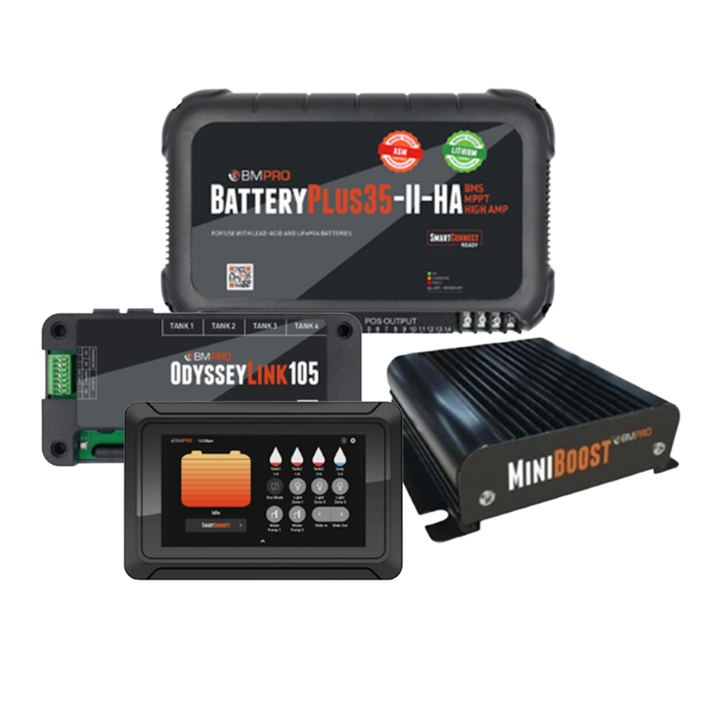 Load image into Gallery viewer, BMPRO Full Lithium Upgrade Bundle Inc BatteryPlus-II-HA 35A / MiniBoost DC-DC Charger &amp; Odyssey Link 105 &amp; Screen
