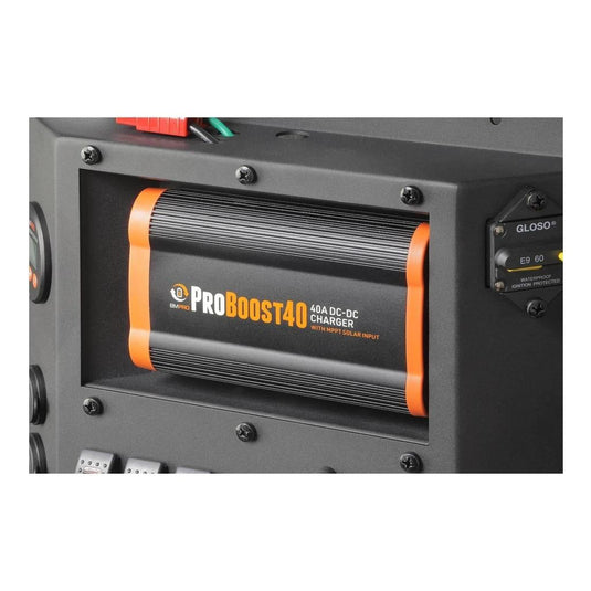 BMPRO Canopy Distribution Charging Board Inc Battery Display and 40 Amp Pro Boost 40 Solar DC-DC Charger
