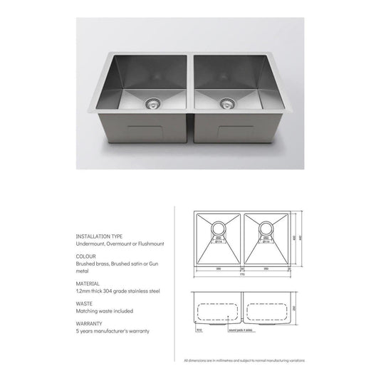 Belgique Double Bowl Sink Basin 770 x 440 x 250 - Stainless Steel Gun Metal