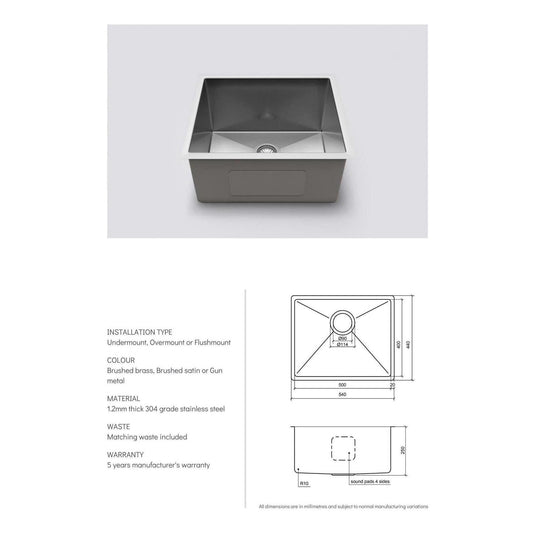 Belgique Single Bowl Sink Basin 540 x 440 x 250 - Stainless Steel French Gold