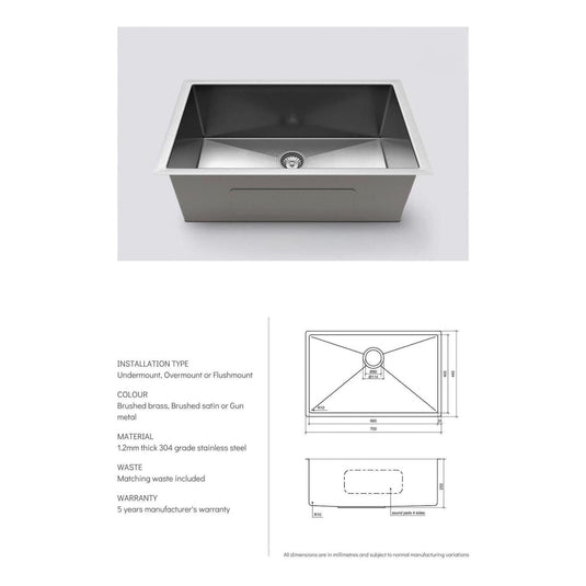 Belgique Single Bowl Sink Basin 700 x 440 x 250 - Stainless Steel - Gun Metal