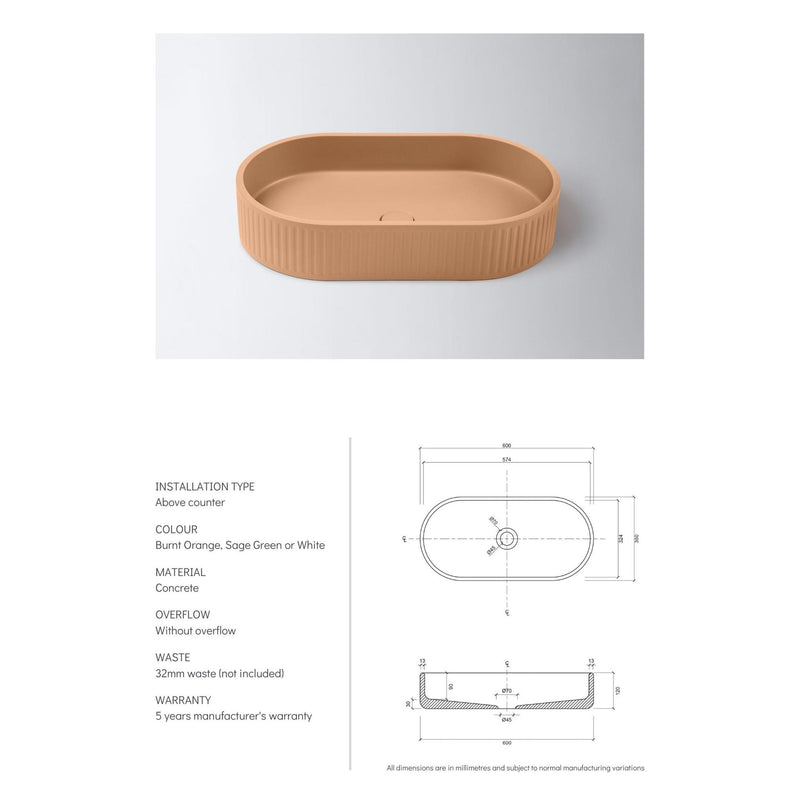 Load image into Gallery viewer, Concrete Single Bowl Basin Sink Fluted Oval 600 x 350 x 120 - White
