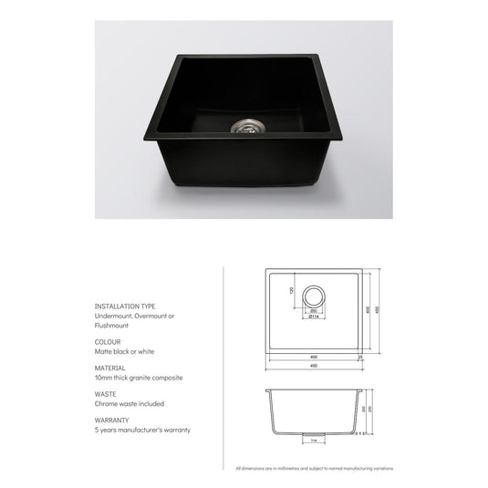 Grange Single Bowl Sink Basin Granite Composite 450 x 450 x 230 - Matte White
