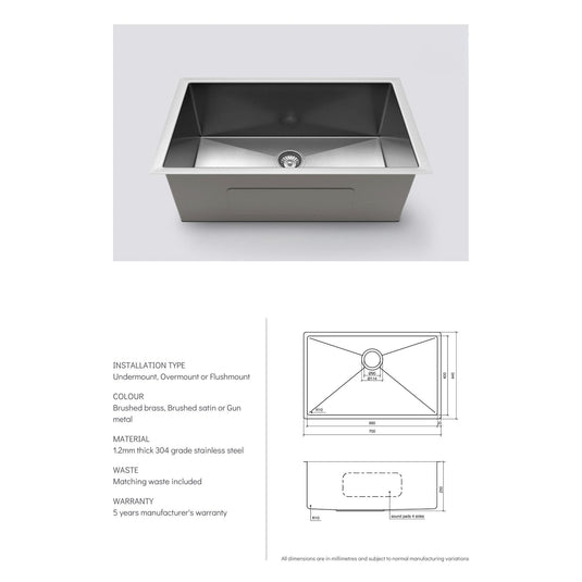 Henley Single Bowl Sink Basin 700 x 440 x 250 - Stainless Steel - Gun Metal