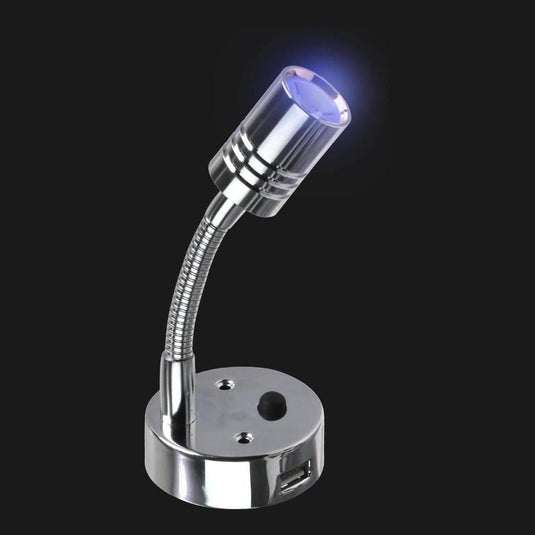 Iluma 10-24V Reading Light Flexible Dimmable Dual Color Blue/White Light USB/USB-C Port Chrome