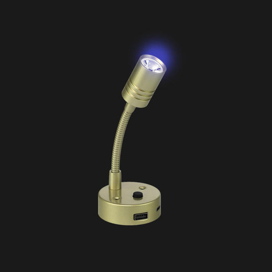 Iluma 10-24V Reading Light Flexible Dimmable Dual Colour Blue/White Light USB/USB-C Port French Gold
