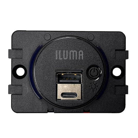 Iluma 12V/24V USB/USB-C Flush Mount Power Socket inc On/Off Light Switch 63x47mm Black