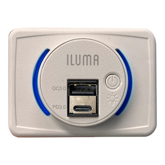 Iluma 12V/24V USB/USB-C Flush Mount Power Socket inc On/Off Light Switch 63x47mm White
