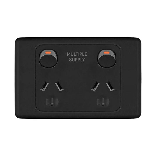 Iluma Double Pole 10A Double GPO PowerPoint 2000 Series Multiple Supply Print Black