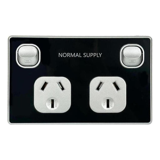 Iluma Double Pole 10A Double GPO Powerpoint Acrylic D-Series Normal Supply Print Black/Silver