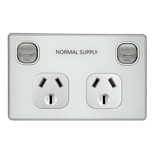 Iluma Double Pole 10A Double GPO Powerpoint Acrylic D-Series Normal Supply Print Silver/White