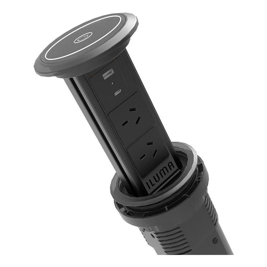 Iluma Pop Up Power Station Inc Wireless Charger / 2 Power Plugs & USB-USB-C Ports - Black
