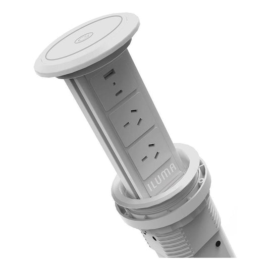 Iluma Pop Up Power Station Inc Wireless Charger / 2 Power Plugs & USB-USB-C Ports - White