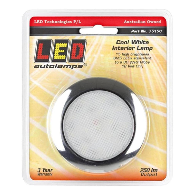 Load image into Gallery viewer, LED Autolamp 12V Round Interior Cool White Lamp with Chrome Bezel Blister
