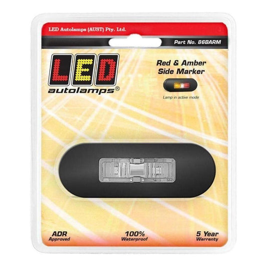 LED Autolamp 12V/24V Amber/Red Side marker Clear Lense & Black Bezel 86x31x16mm Blister