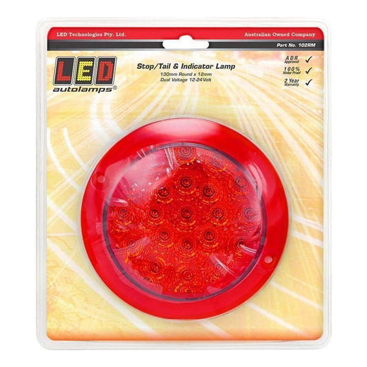 LED Autolamp 12V/24V Round Stop/Tail Lamp With Red Lens Recessed Mount Blister