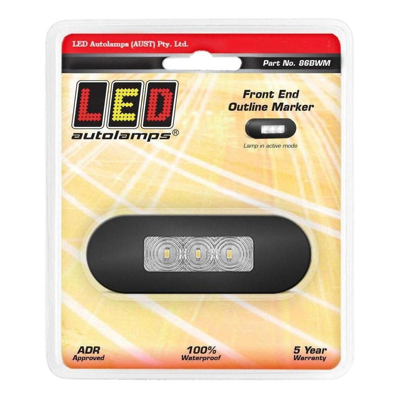 Load image into Gallery viewer, LED Autolamp 12V/24V White Front Marker Clear Lense &amp; Black Bezel 86x31x16mm Blister
