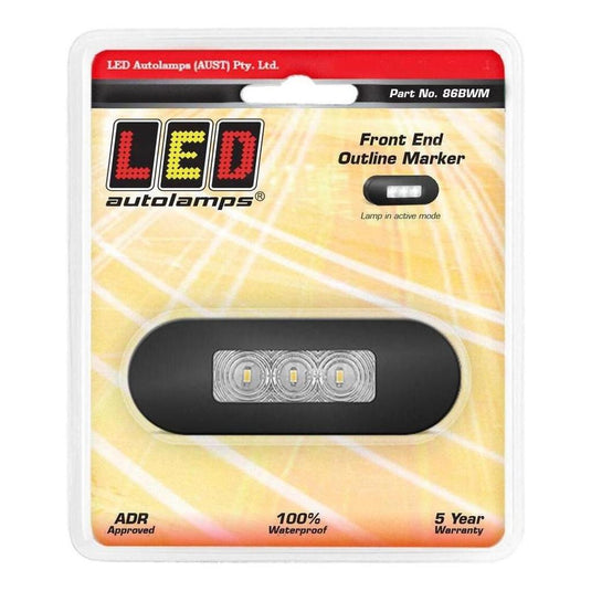 LED Autolamp 12V/24V White Front Marker Clear Lense & Black Bezel 86x31x16mm Blister