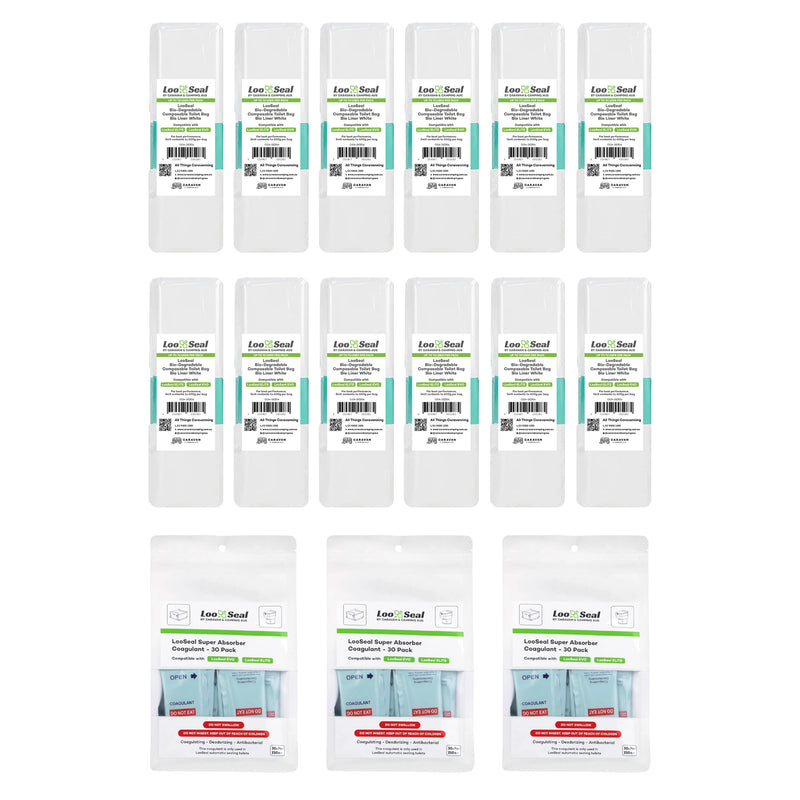 Load image into Gallery viewer, LooSeal Biodegradable Liner &amp; Coagulant 3 Month Pack (12 Rolls &amp; 3 Absorbers) White

