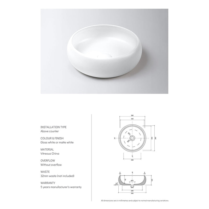 Load image into Gallery viewer, Luna Ceramic Basin Sink Round 360 x 360 x 125 - Matte White
