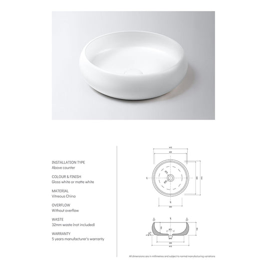 Luna Ceramic Basin Sink Round 415 x 415 x 130 - Gloss White