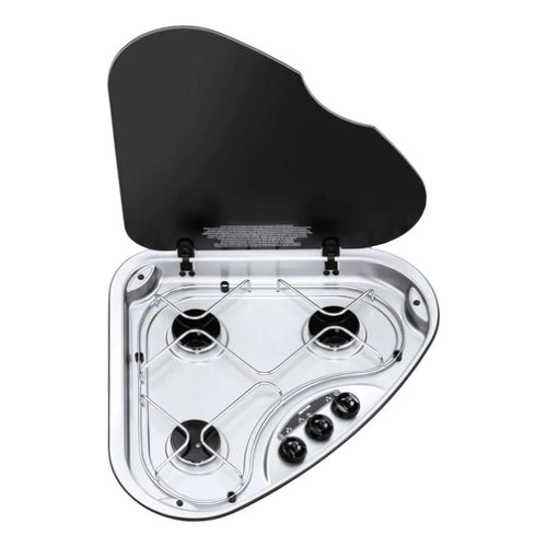 Thetford Triangular Stainless 3 Burner Hob Cooktop LPG & Glass Lid